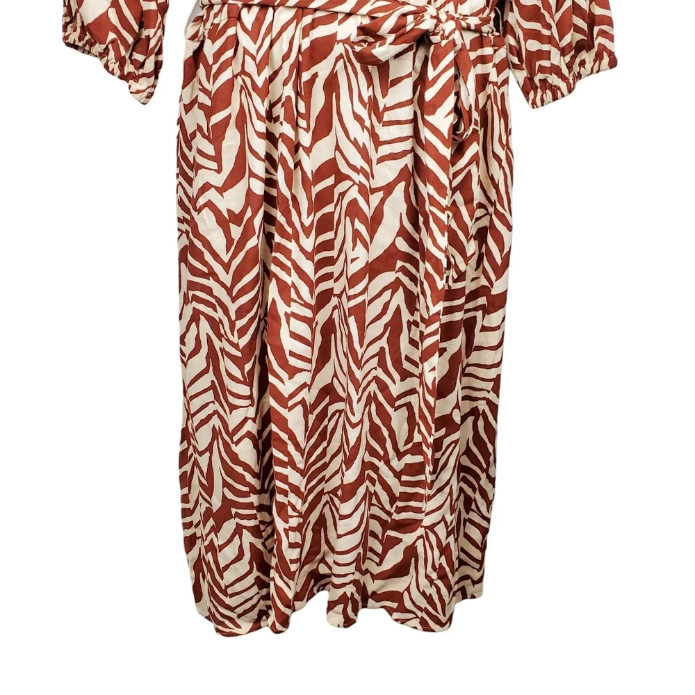 Eloquii Womens Puff Sleeve Ivory Rust Brown Animal Print Linen Dress Size 26 NWT - Picture 3 of 8